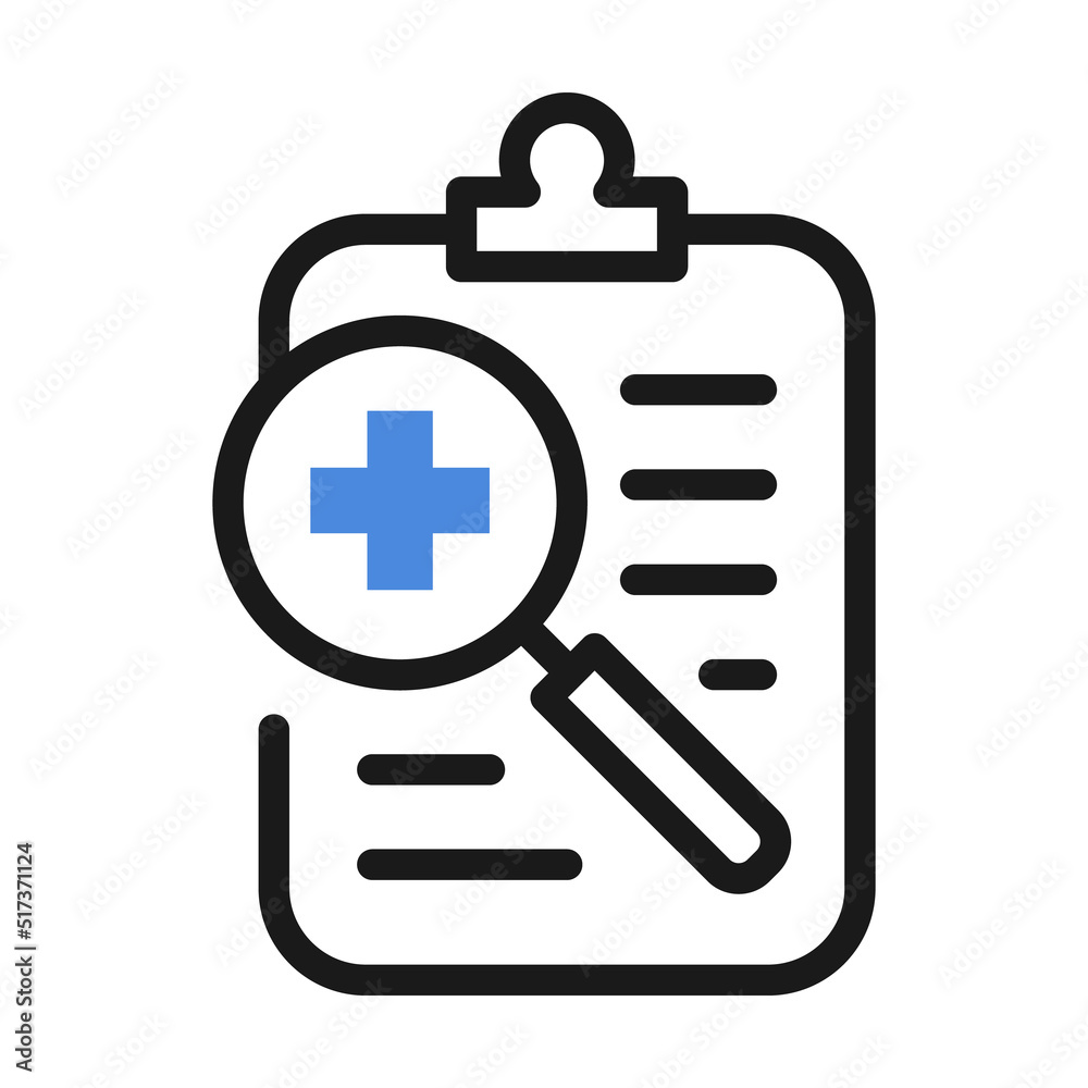 Medical report with magnifying glass. Search diagnosis, medical form with medications illustration Medical report with magnifying glass. Search diagnosis, medical form with medications illustration