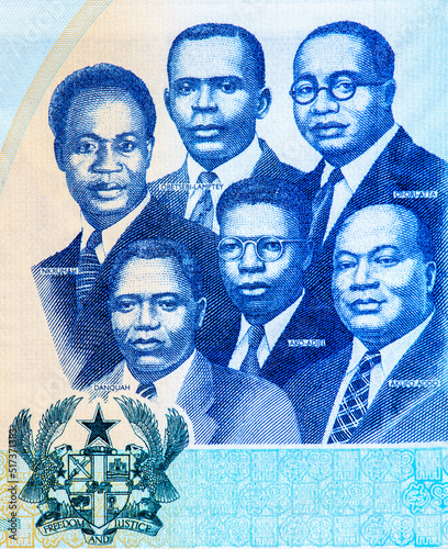 the Big Six leaders of Ghana, Kwame Nkrumah, Ebenezer Ako-Adjei, Edward Akufo-Addo, Joseph Boakye Danquah, Emmanuel Obetsebi-Lamptey, Portrait from Ghana 5 Cedis 2019 Banknotes. photo