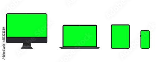 Digital device vector illustration isolated on white background. 4K or full HD resolution proportions. Trendy realistic thin frame monitor mockup with blank green chromakey screen isolated