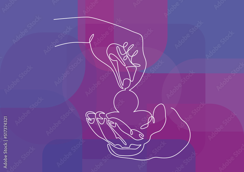 Hand giving golden coin to another hand. Charity concept. Hand holding coin. Flat style.continuous line drawing