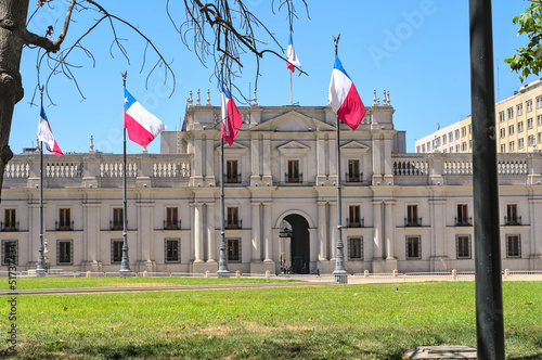 Presidential Moneda Palace in Santiago de Chile on blue sky photo