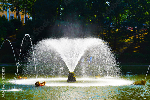 fountain sprays water against the background of green trees