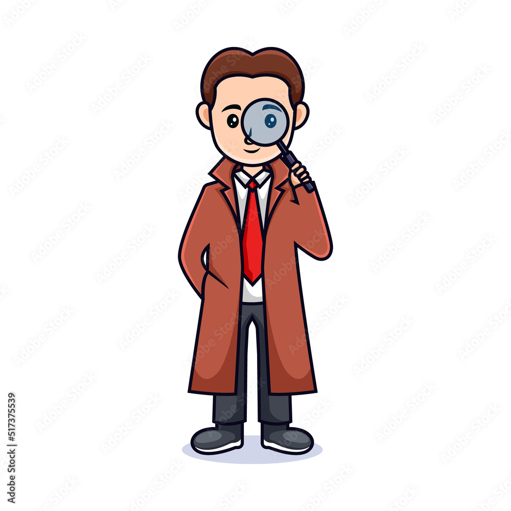 cartoon man with magnifying glass. Friendly handsome man in detective wear, Isolated on white