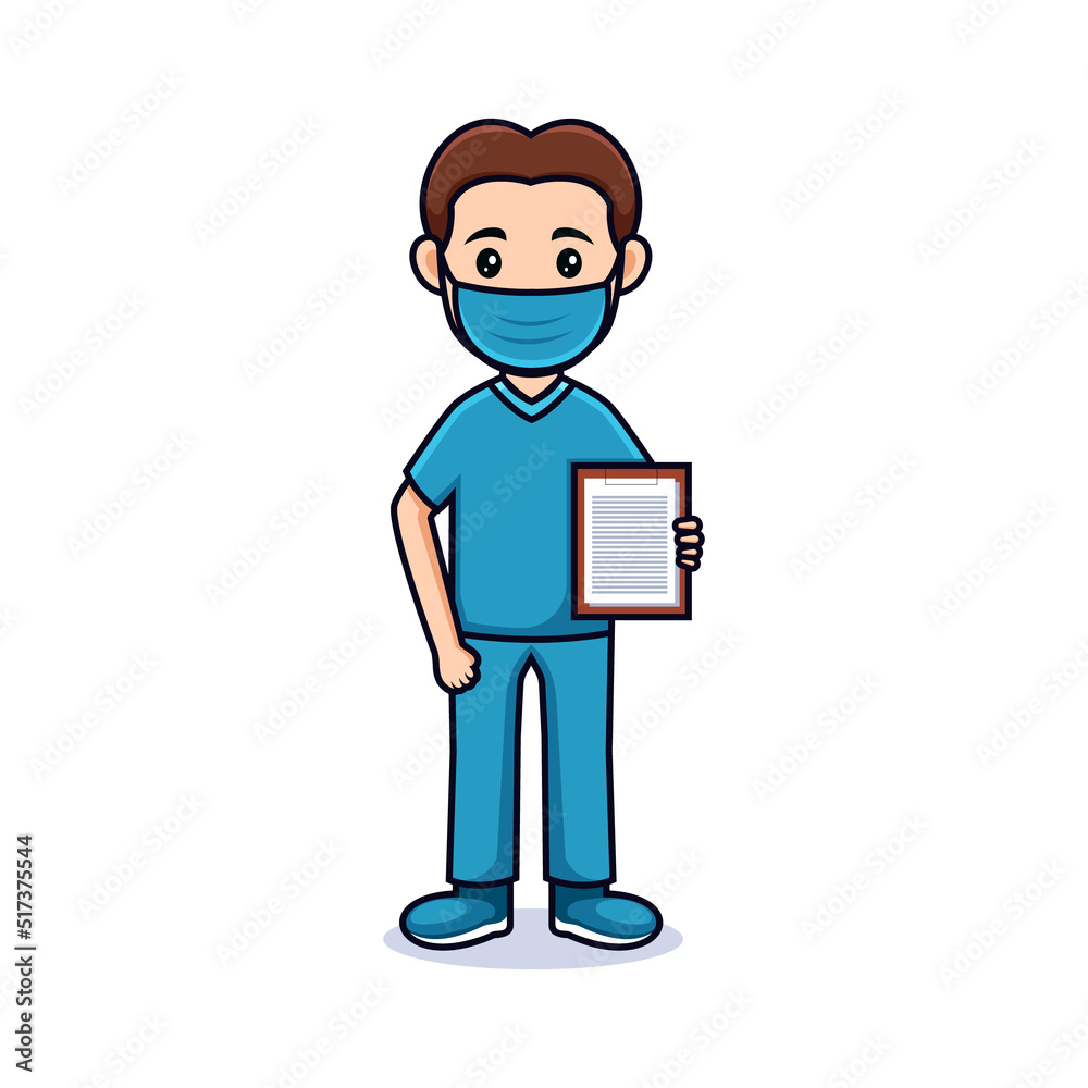 cartoon guy with mask . Friendly handsome man in nurse clothes, holding a paper. Isolated on white
