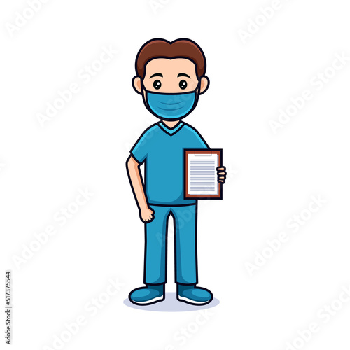 cartoon guy with mask . Friendly handsome man in nurse clothes, holding a paper. Isolated on white