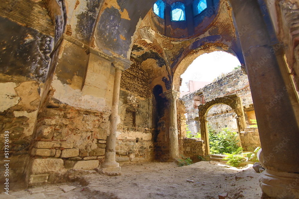 Church of Archangels (Panagia Pantobasilissa) in Trilye Bursa Turkey old historical stone church interior view HDR