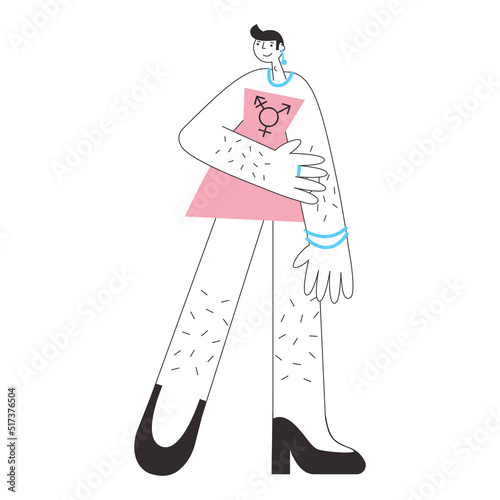 Transgender mtf person with trans symbols and colors. Genderqueer and crossdressers rights concept. LGBTQ+ equality vector flat isolated illustration.