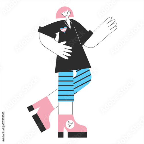 Transgender mtf or ftm person with trans symbols and colors. Genderqueer and crossdressers rights concept. LGBTQ+ equality vector flat isolated illustration. Social transition.