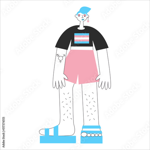 Transgender mtf or ftm person with trans symbols and colors. Genderqueer and crossdressers rights concept. LGBTQ+ equality vector flat isolated illustration. Social transition. photo