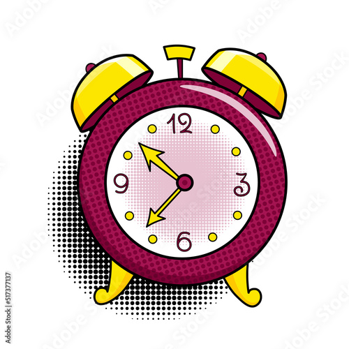 Comic alarm clock. Pop art colorful and dynamic cartoonish icon in retro style. Vector bright cartoon object with halftone dots shadow