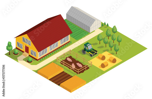 Isometric rural farm building and cottage. Agricultural machinery, garden and domestic animals. Vector icon representing countryside element