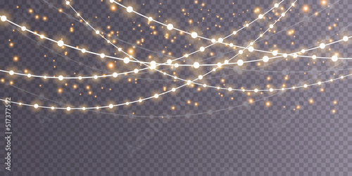 Christmas lights isolated on transparent background. Set of golden Christmas glowing garlands. Vector illustration