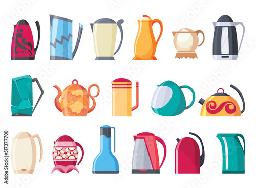 Collection of kettles decorative kitchen tool icons. Teapots isolated cartoon illustration. Elements for advertising of household goods or kitchen ware store. Home appliance for boiling water