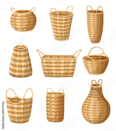 Wicker basket icon set. Collection of containers hand woven. Decorative accessories for storage or carrying. Empty straw handmade containers isolated on white background