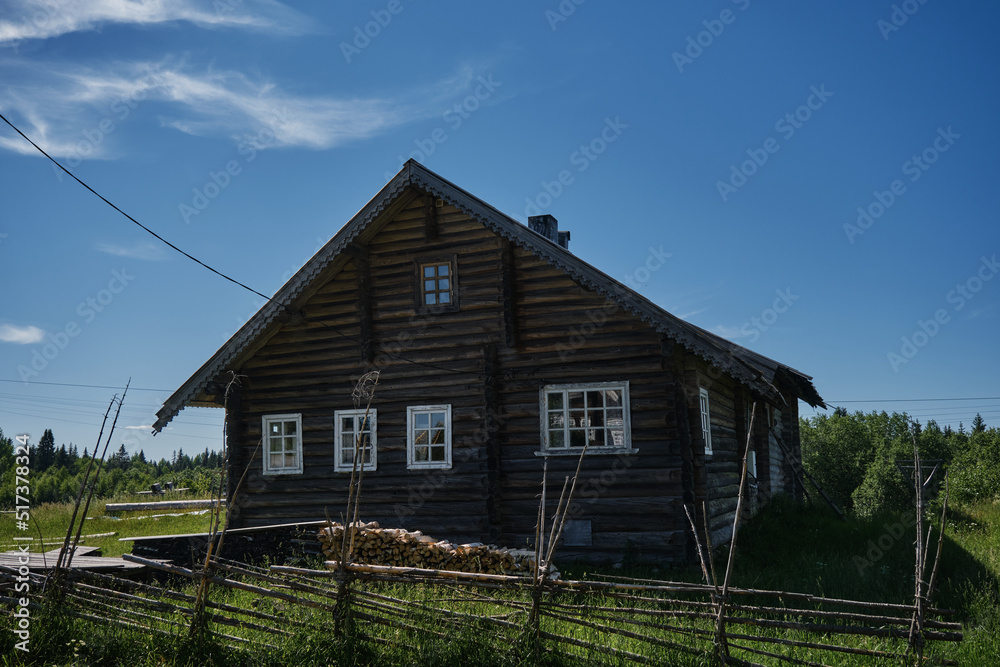 One of the most beautiful villages of Karelia Kinerma in summer. The old wooden house has been well preserved to our time. The concept of travel in Russia.