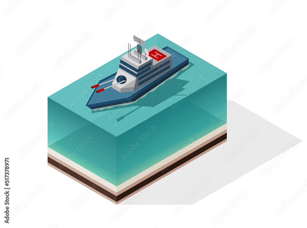 Isometric war ship. Tactical ship with weapons and a place to land a helicopter. Vector isometric icon or infographic element. Ocean transport Isometric war ship. Tactical ship with weapons and a place to land a helicopter. Vector isometric icon or infographic element. Ocean transport