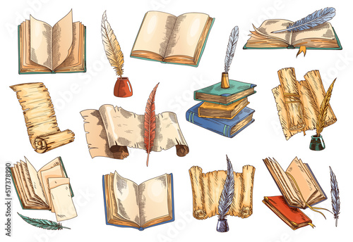 Old book. Vector set of old open books with empty page, parchment paper scroll with vintage antique quill and in inkwell. Retro writing stationery and ampty manuscript