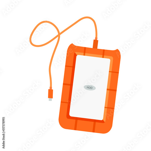 External hard disk drive in orange silicon case. 2.5'' portable HDD. Vector illustration.