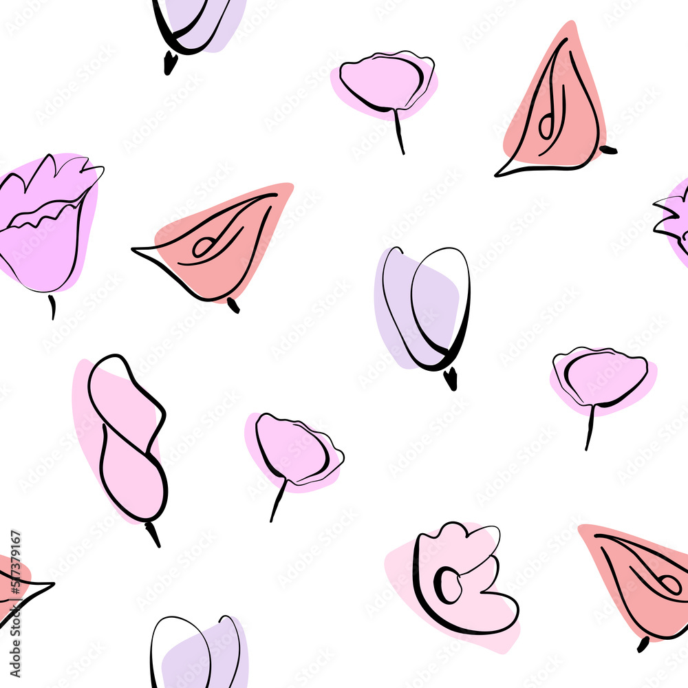 Repeating vector pattern with colourful flowers on white background.