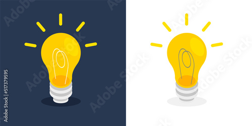 Light bulb icons with rays shine. Idea and creative thinking concept. Vector illustration isolated on white and dark background.
