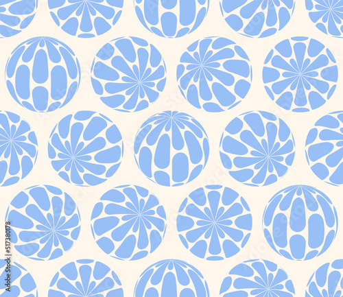 Cool Scale Patterned 3D Balls In Different Positions Psychedelic Art Seamless Abstract Vector White Blue Background. Freaky Acid Trip Crazy Continuous Wallpaper. Bizarre Hypnotic Loopable Illustration