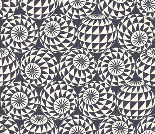 Checkered Triangles Patterned Balls In Different Positions Psychedelic Art Seamless Abstract Vector Black White Motley Background. Acid Trip Crazy Repetitive Wallpaper. Weird Magnetic Abstraction