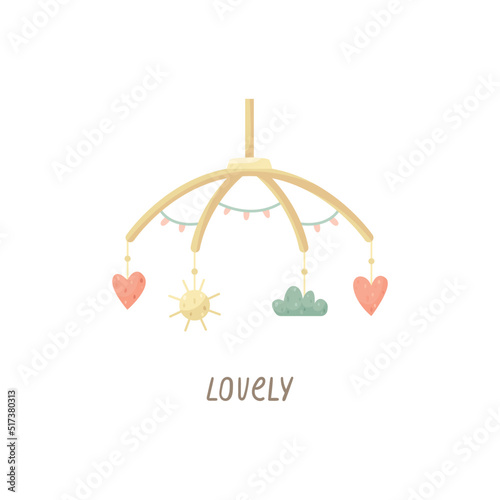 Vector children's illustration of a suspended mobile with toys.