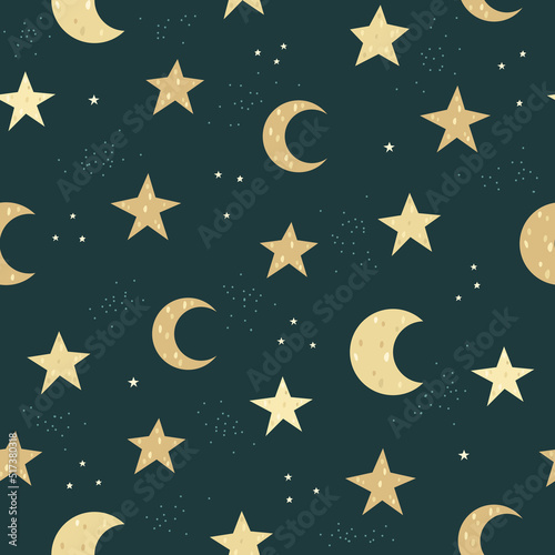 Children's vector seamless pattern with stars and moons.