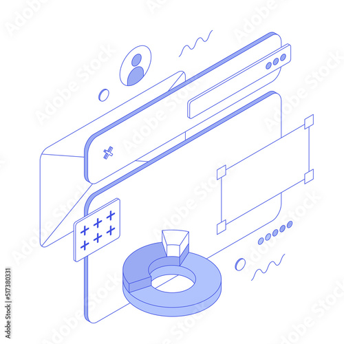 Ux, ui, website design, window, digital, app, presentation, infographic. Isometric vector illustration flat design isolated. Outline, linear style, line art, editable stroke.