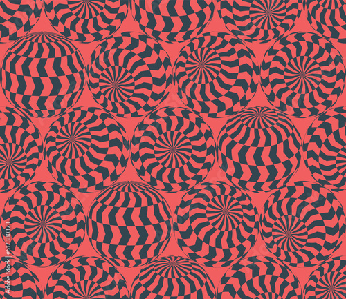 Checkered Chevron Patterned Balls In Different Positions Psychedelic Art Seamless Abstract Vector Red Black Background. Freaky Acid Trip Crazy Repetitive Wallpaper. Weird Spheres Hypnotic Illustration
