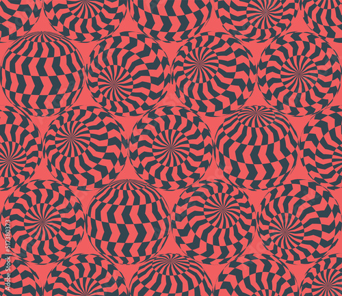 Checkered Chevron Patterned Balls In Different Positions Psychedelic Art Seamless Abstract Vector Red Black Background. Freaky Acid Trip Crazy Repetitive Wallpaper. Weird Spheres Hypnotic Illustration