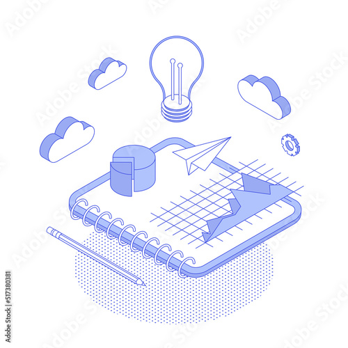 Money, ux, ui, chart, graph, diagram, presentation, spreadsheet, economy, finance, technology. Isometric vector illustration flat design isolated. Outline, linear style, line art, editable stroke.