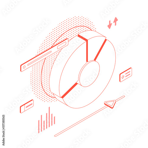 Money, chart, graph, diagram, presentation, spreadsheet, economy, finance, technology.Isometric vector illustration flat design isolated. Outline, linear style, line art, editable stroke.