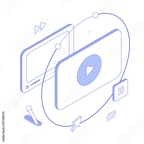 Video, player, blog, vlog, film,  movie, play, presentation. Isometric vector illustration flat design isolated. Outline, linear style, line art, editable stroke.