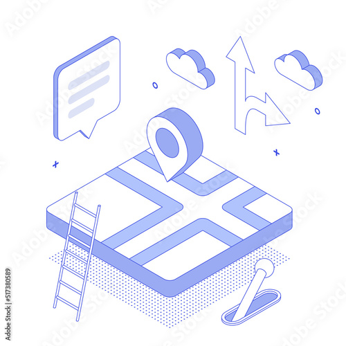 Location, pin, map, city, gps, presentation, infographic, navigation, ad. Isometric vector illustration flat design isolated. Outline, linear style, line art, editable stroke.