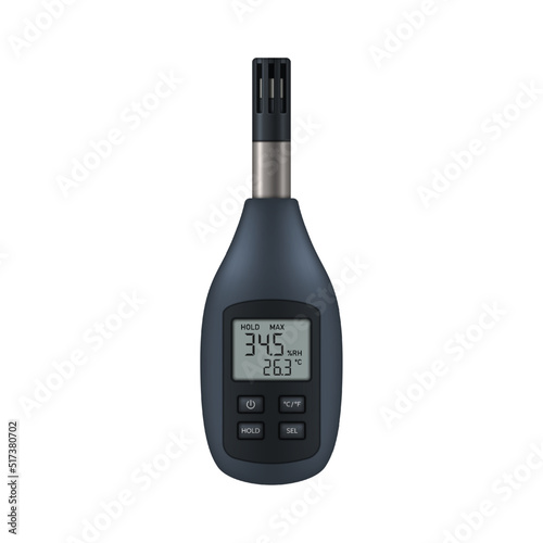 Realistic thermohygrometer with probe. Measuring device designed to determine the humidity of air and gases. Vector illustration. photo
