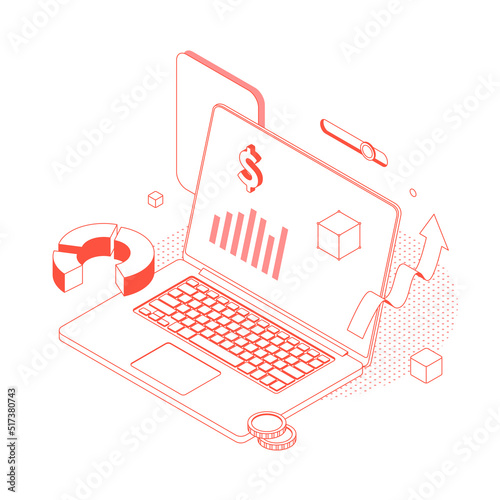 Money, chart, graph, diagram, presentatnion, spreadsheet, economy, finance, technology.Isometric vector illustration flat design isolated. Outline, linear style, line art, editable stroke.