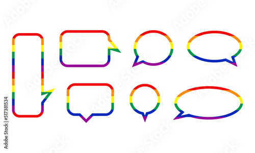 Set of rainbow speak bubble text, chatting box, message box outline cartoon vector illustration design. Balloon doodle style of Lgbtq+ symbol.