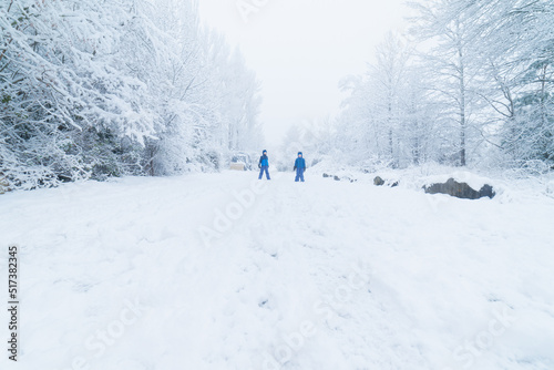 Two kids exploring a snowy track between white pines