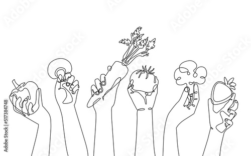 Set of peope hands holding food. Cooking Background. Continuous line drywing style. Vector illustration. photo
