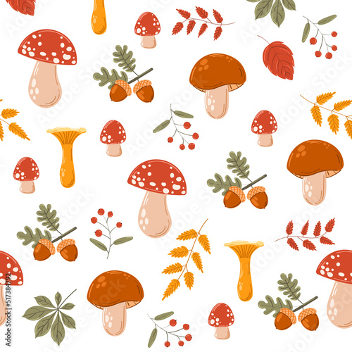 Autumn seamless pattern with mushrooms, acorns and leaves. Design for fabric, textile, surface, web and print design, wallpaper, packaging.