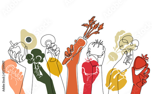 Creative background with Hands holding different organic  food. Horizontal Cooking Pattern. Illustration on a Healthy eating theme.  Vector illustration.
