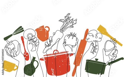 Cooking Background. Pattern with people hands holding vegetables, fruits and utensils. Vector illustration.