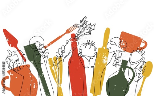 Horizontal pattern with utensils and food. Cooking Background. Can be yused  to decorate a cook book, in social media, websites, for menu, banner, flyer, cover, restaurant identity.