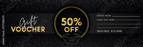 50 percent off gift voucher template design with gold circle frame and dotted line black background. Premium design for discount label, coupon sales, special offer, discount coupon, coupon code.