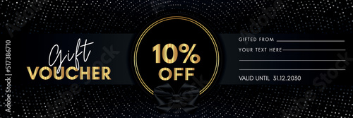 10 percent off gift voucher template design with gold circle frame and dotted line black background. Premium design for discount label, coupon sales, special offer, discount coupon, coupon code.