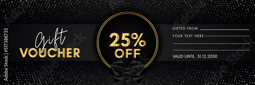 25 percent off gift voucher template design with gold circle frame and dotted line black background. Premium design for discount label, coupon sales, special offer, discount coupon, coupon code.