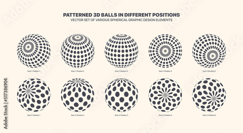 Assorted Various Vector Patterned 3D Balls In Different Positions With Dotted Half Tone And Spotted Pattern Set Isolated On White Back. Black White Graphic Variety 3D Spherical Design Elements Group