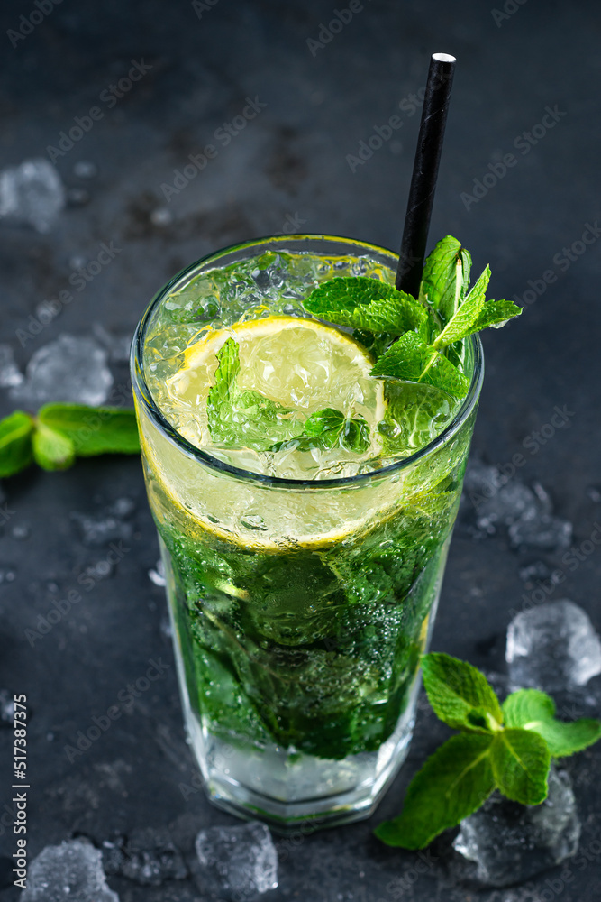 mojito cocktail with mint, ice and lemon. Fresh cocktail in glass on dark background mojito cocktail with mint, ice and lemon. Fresh cocktail in glass on dark background