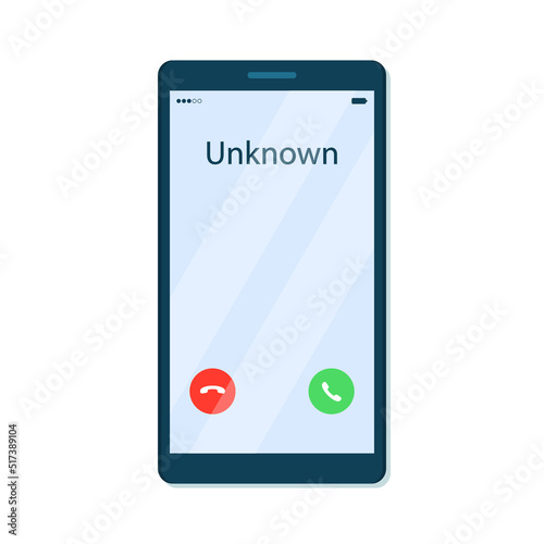 Incoming call from unknown caller on mobile phone screen. Vector illustration in flat cartoon style.